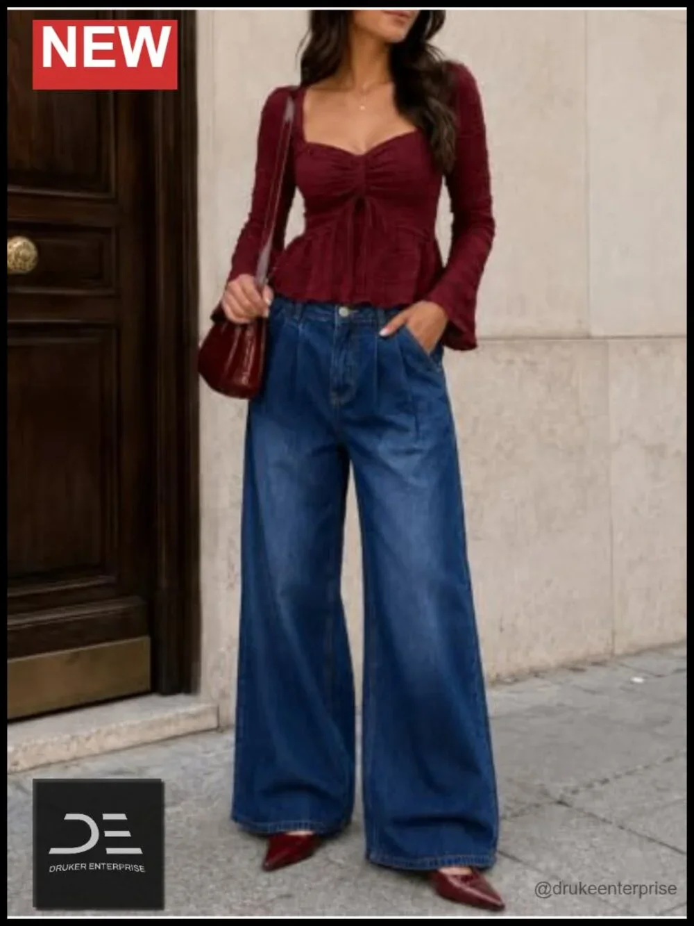 High Waisted Wide Leg Baggy Pleated Jeans Stretchy Denim Pants